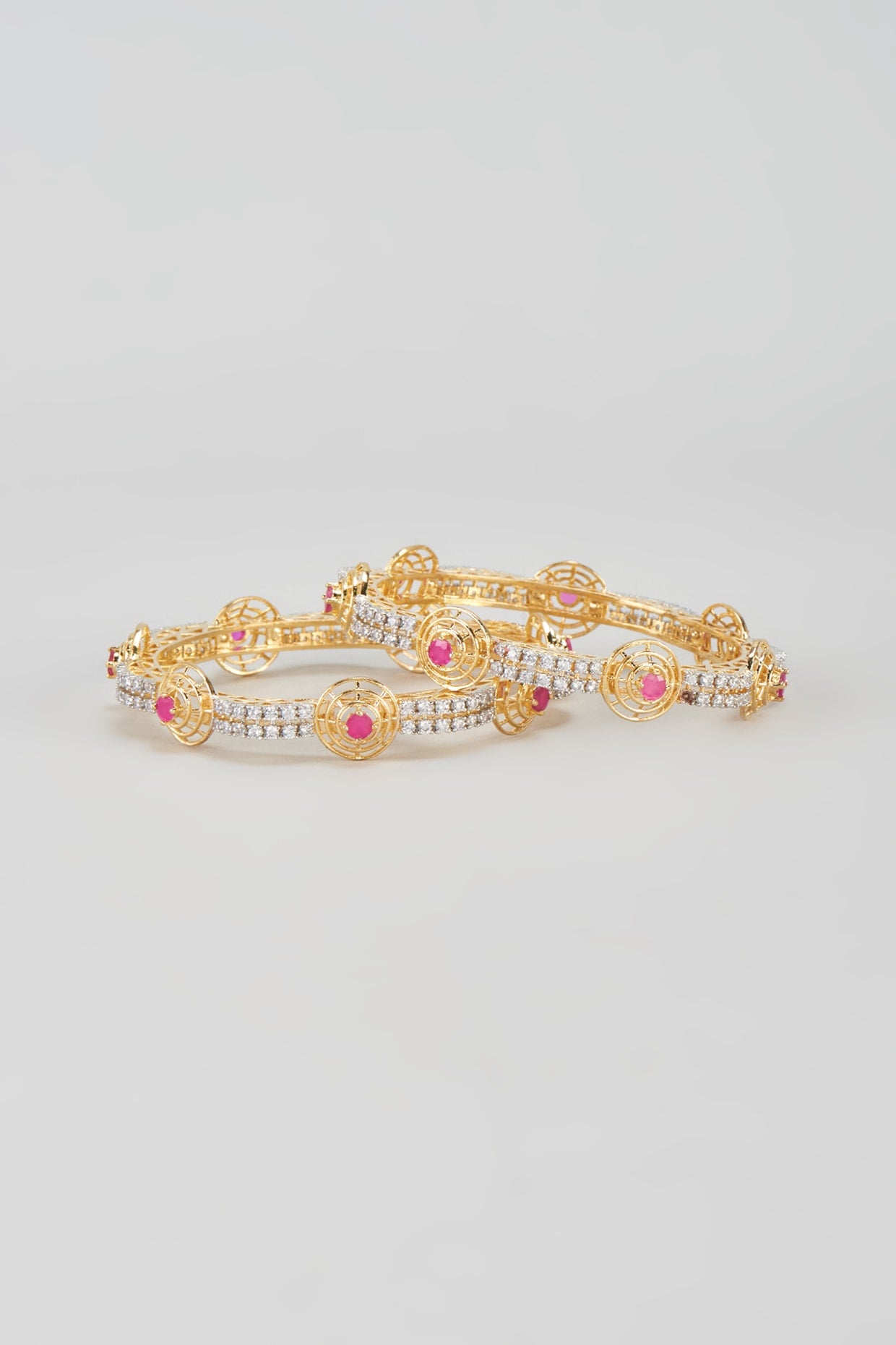 Gold Finish Zircon & Red Stone Bangles (Set of 2)