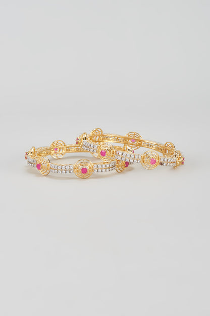 Gold Finish Zircon & Red Stone Bangles (Set of 2)