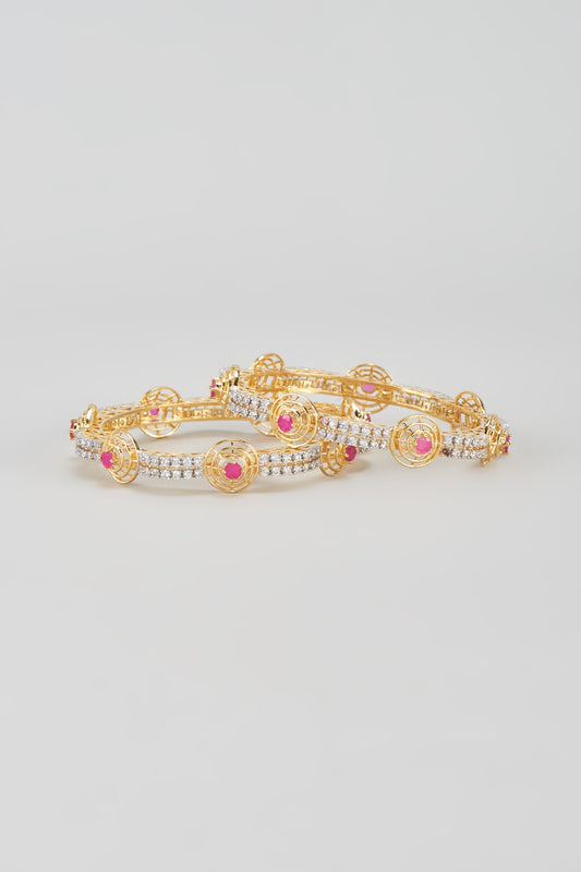Gold Finish Zircon & Red Stone Bangles (Set of 2)