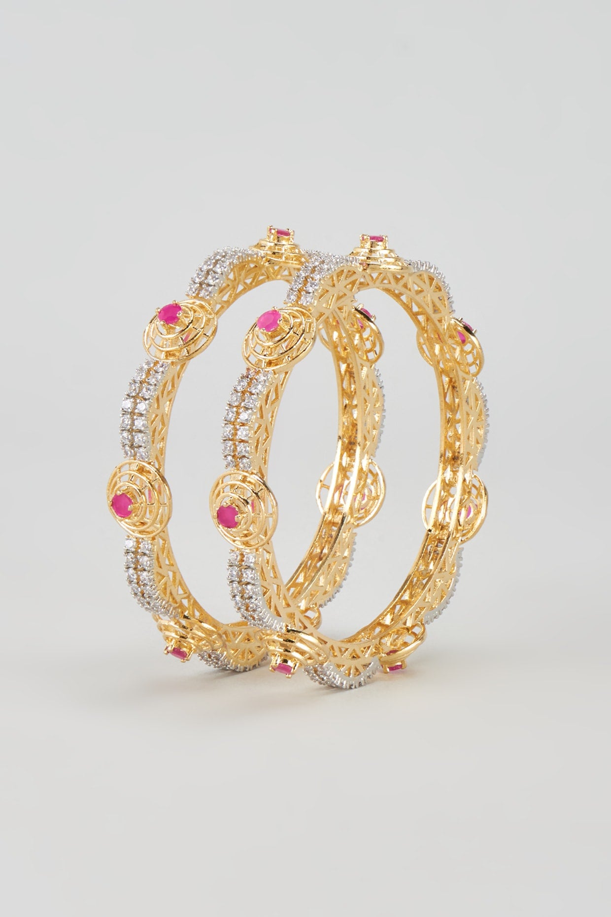 Gold Finish Zircon & Red Stone Bangles (Set of 2)