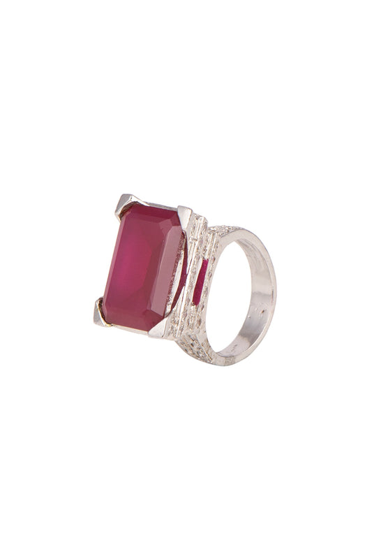 White Finish Red Stone Ring