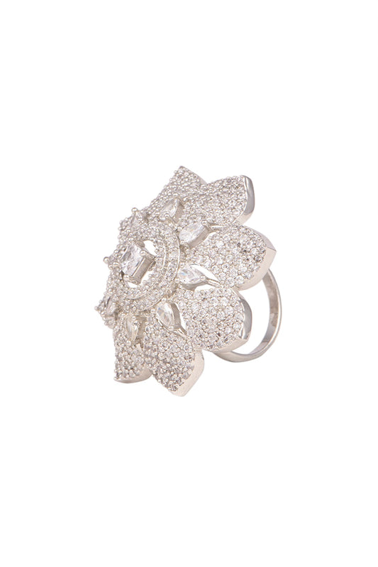 White Finish Faux Diamonds Flower Ring