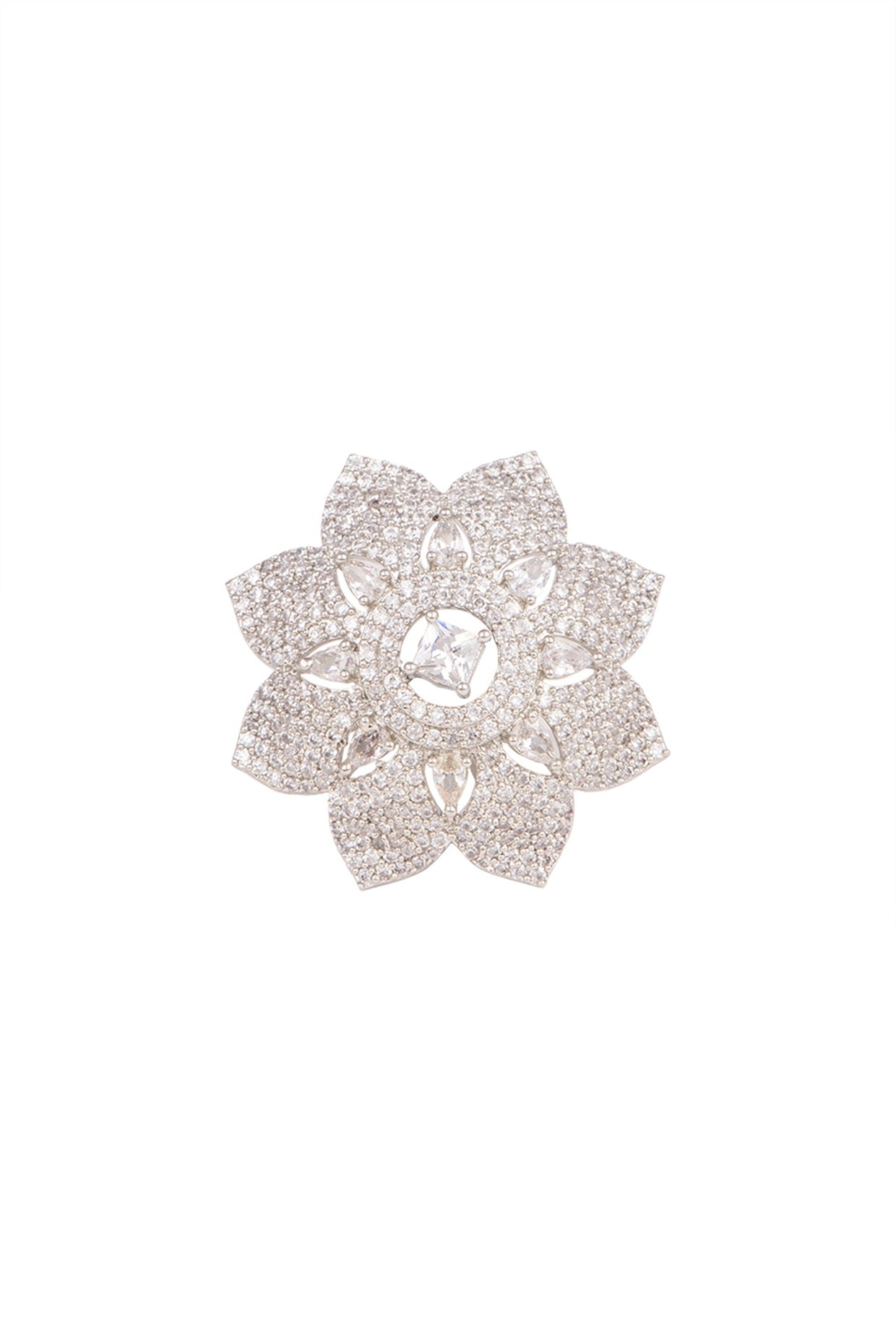 White Finish Faux Diamonds Flower Ring