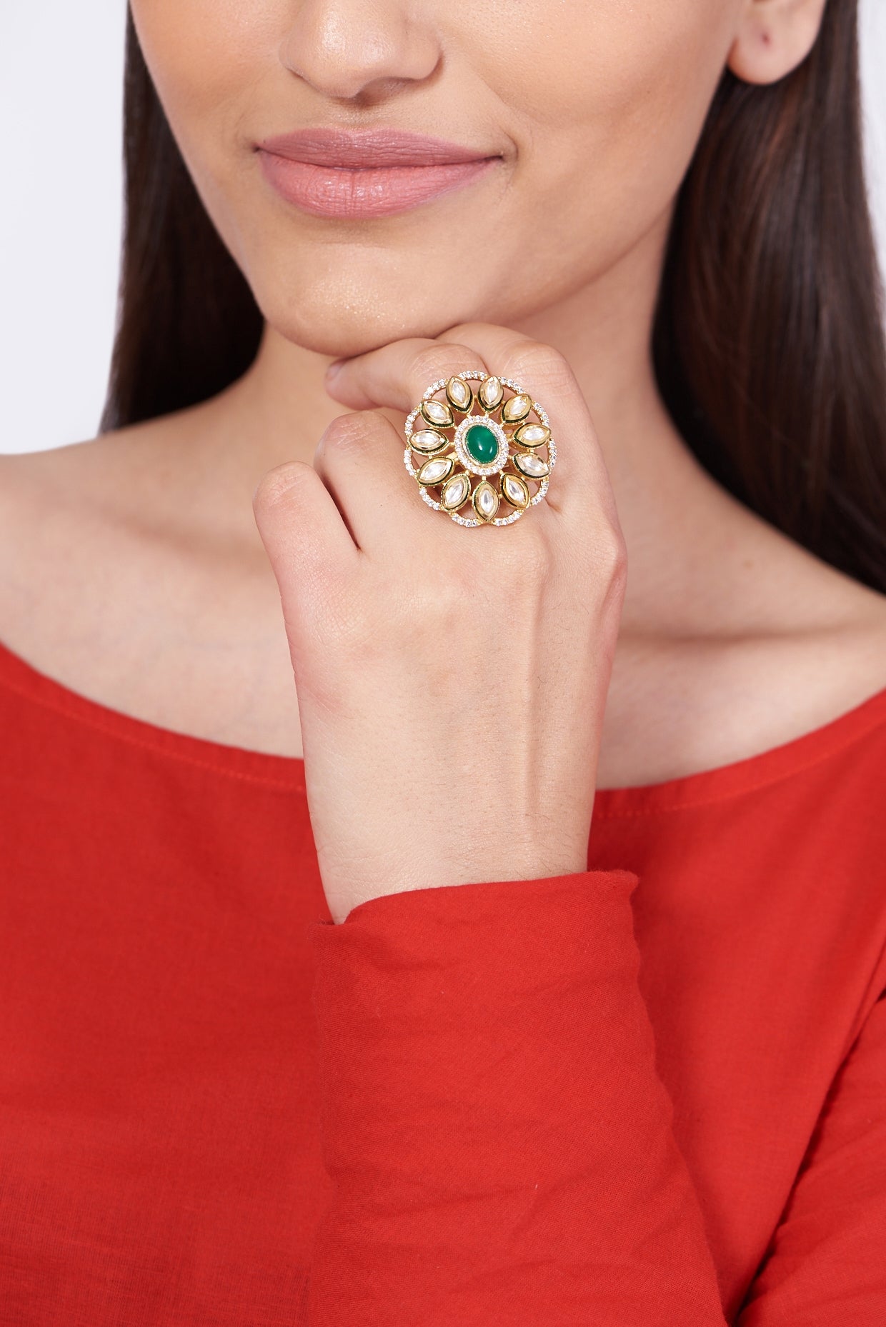 Gold Finish Kundan Polki Ring