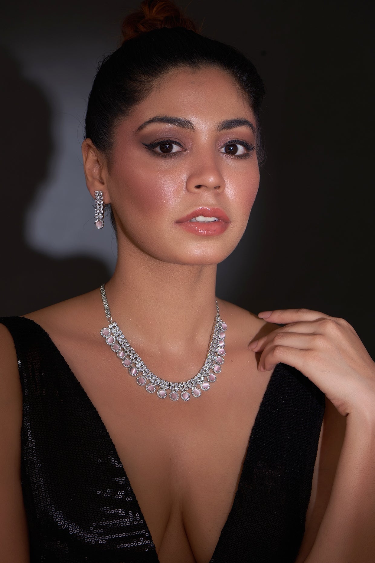 White Finish Zircon & Pink Stone Necklace Set