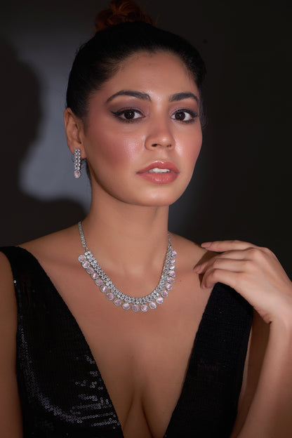 White Finish Zircon & Pink Stone Necklace Set
