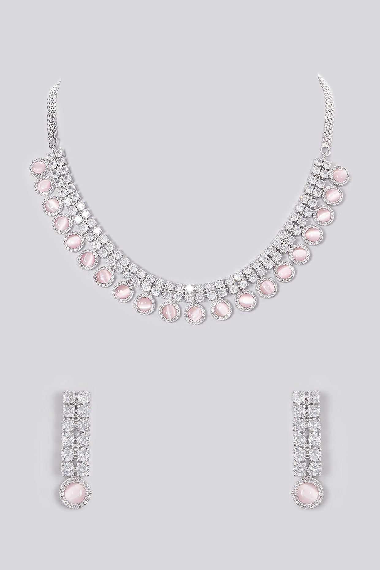 White Finish Zircon & Pink Stone Necklace Set
