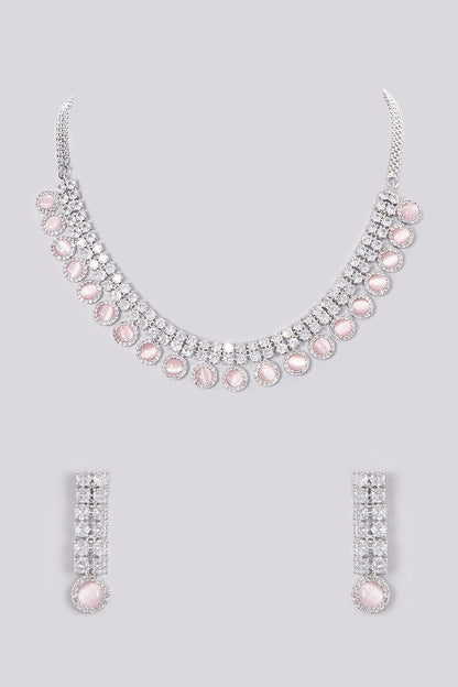 White Finish Zircon & Pink Stone Necklace Set