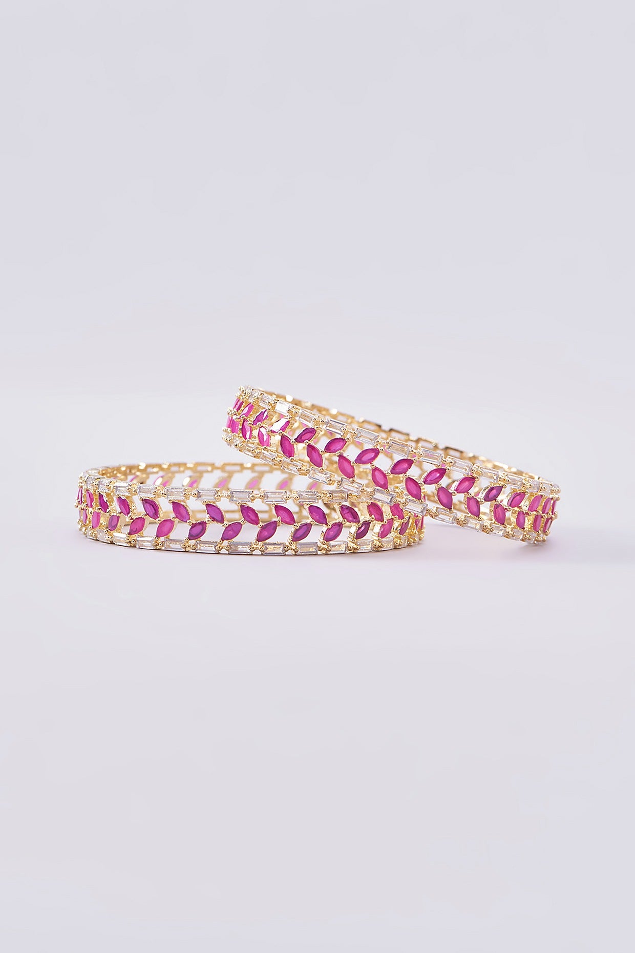 Gold Finish Zircon & Red Stone Bangles (Set of 2)