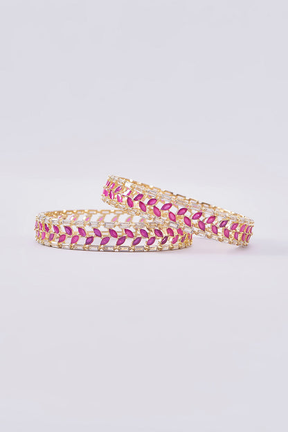 Gold Finish Zircon & Red Stone Bangles (Set of 2)