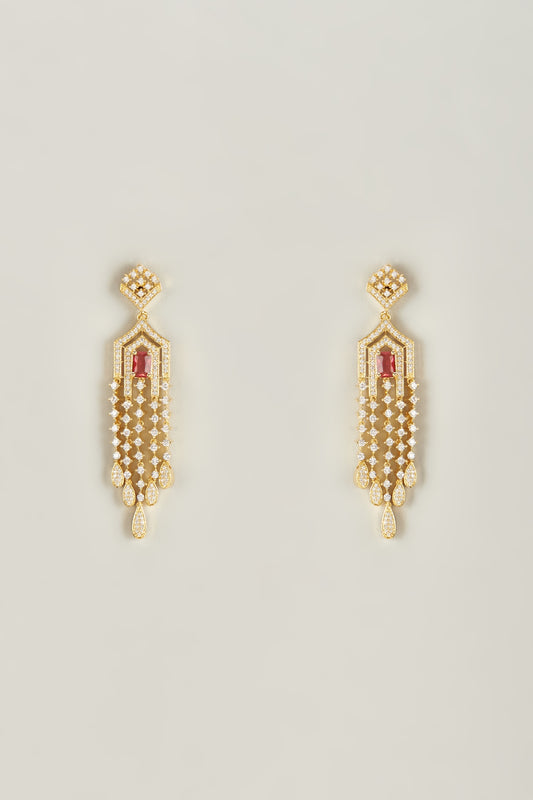 Gold Finish Zircon & Red Stone Dangler Earrings