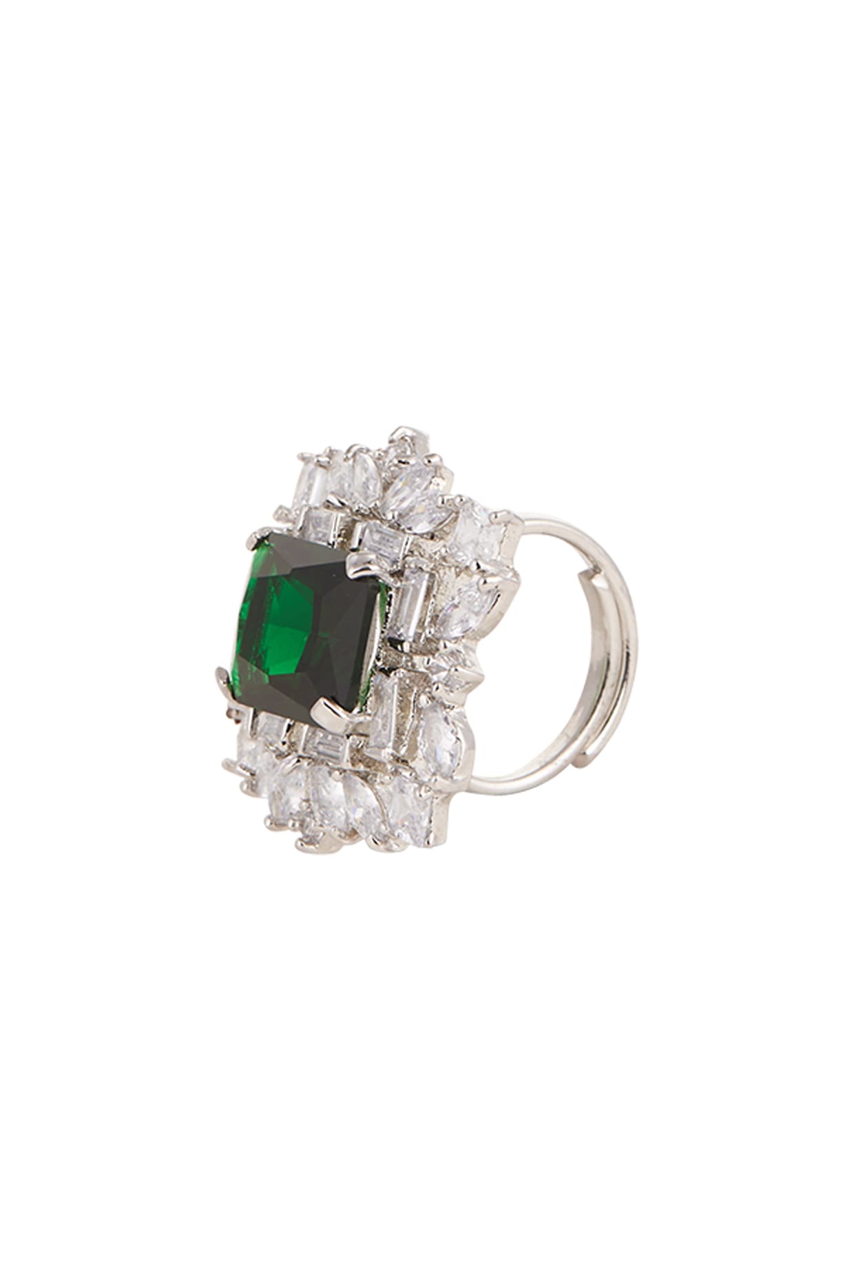 White Finish Green Stone Ring