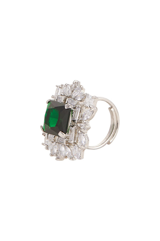 White Finish Green Stone Ring