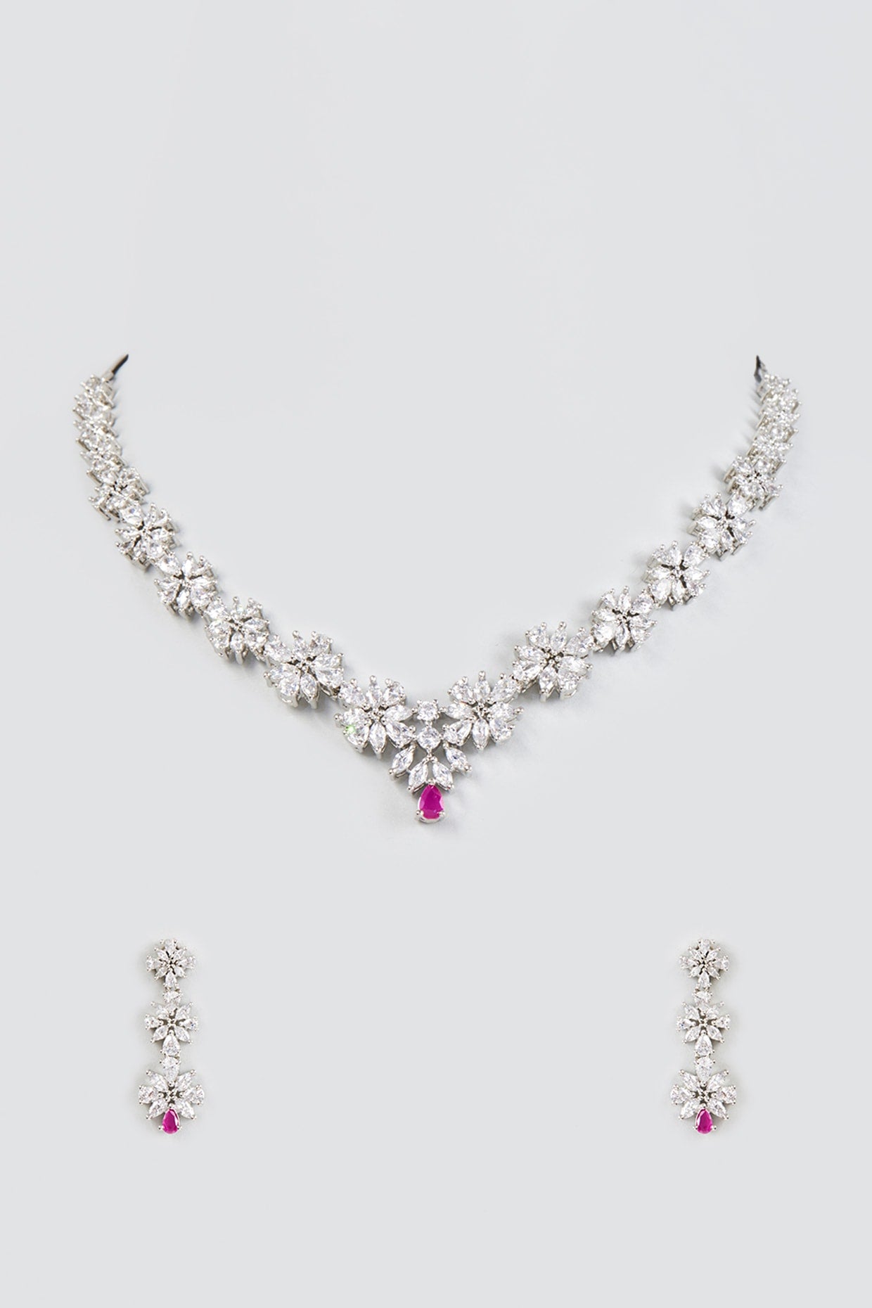 White Finish Zircon & Ruby Stone Necklace Set