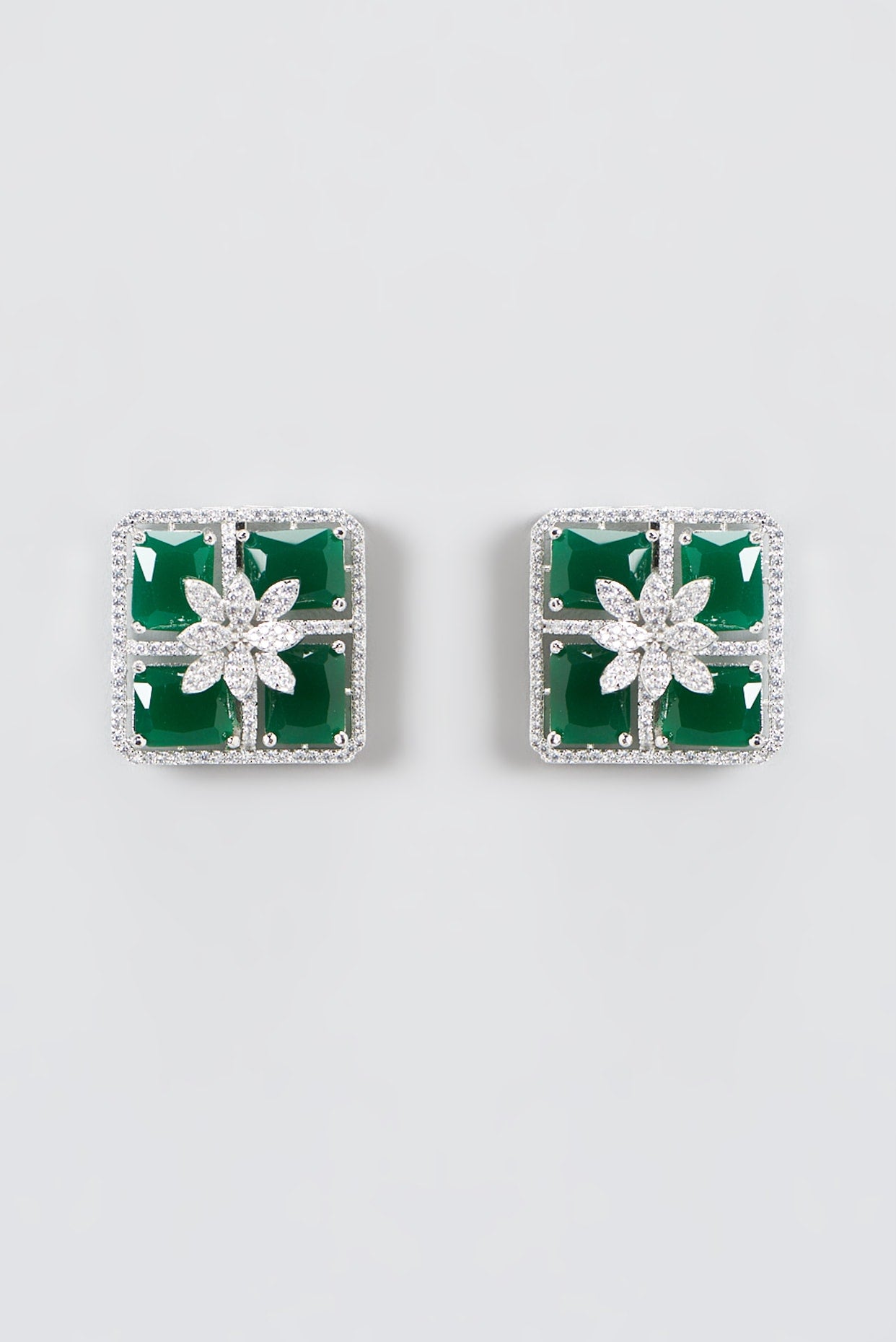 White Finish Zircon & Green Stone Stud Earrings