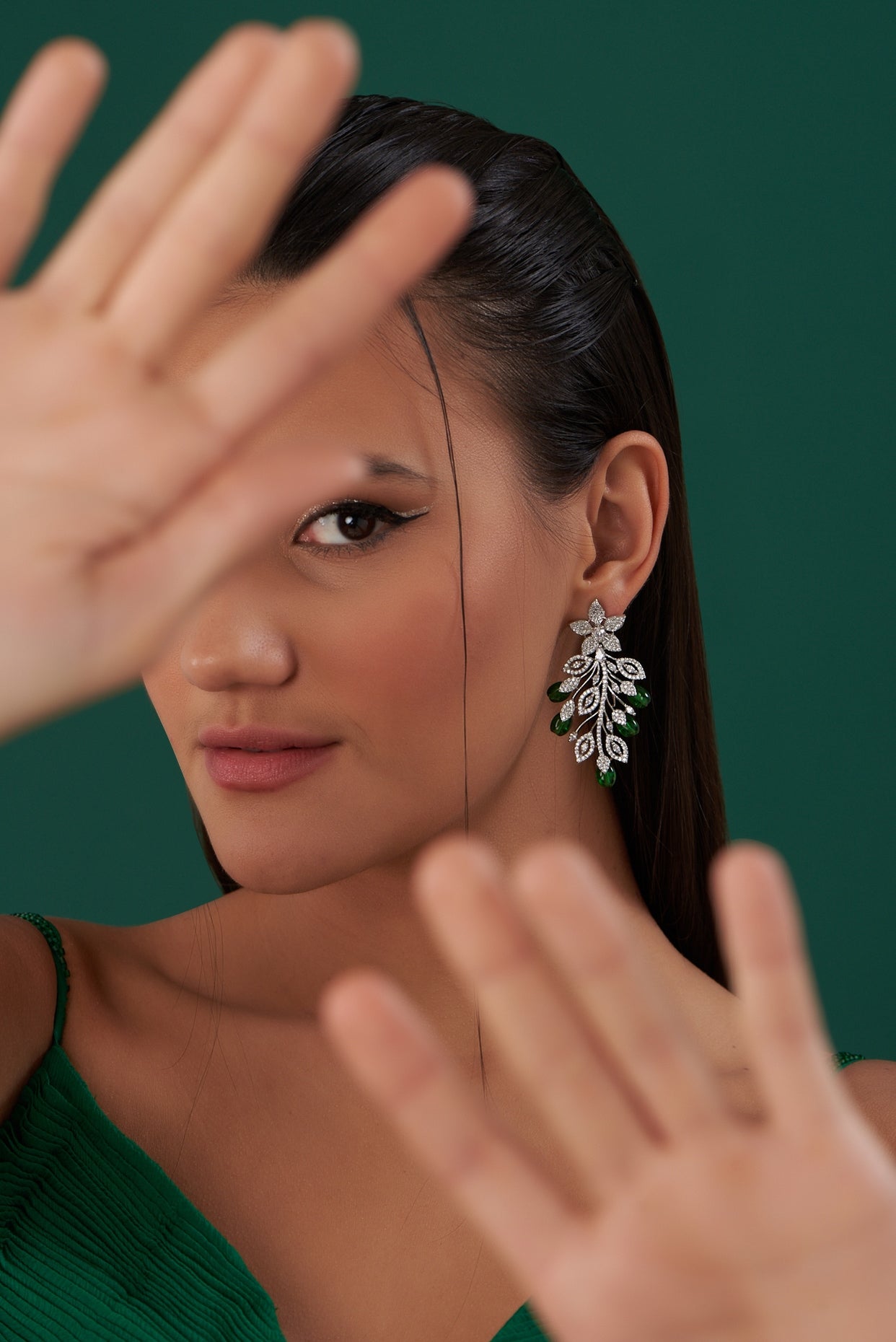 White Finish Zircon & Green Stone Dangler Earrings