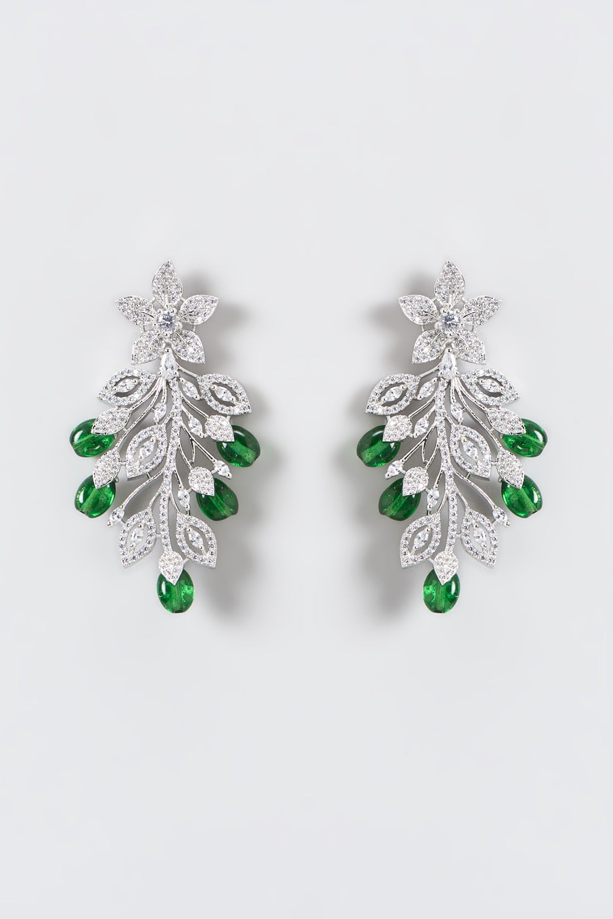 White Finish Zircon & Green Stone Dangler Earrings