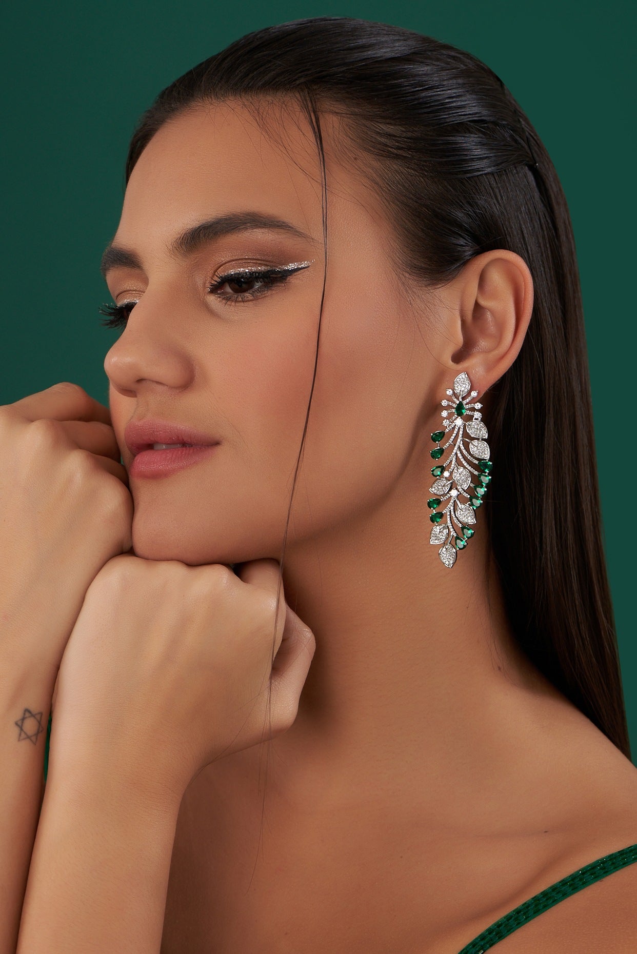 White Finish Green Stone & Zircon Dangler Earrings