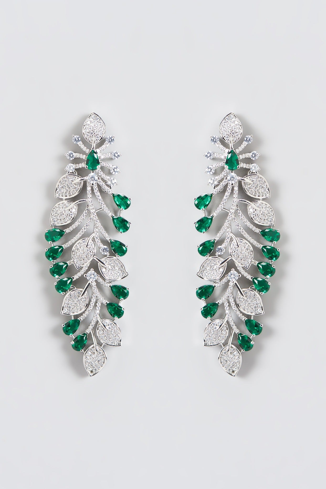 White Finish Green Stone & Zircon Dangler Earrings