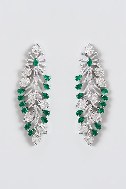 White Finish Green Stone & Zircon Dangler Earrings