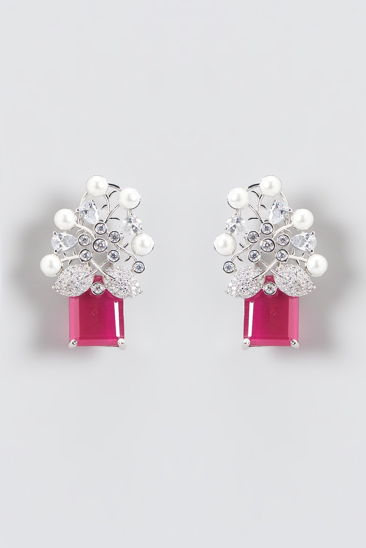 White Finish Red Stone & Zircon Dangler Earrings