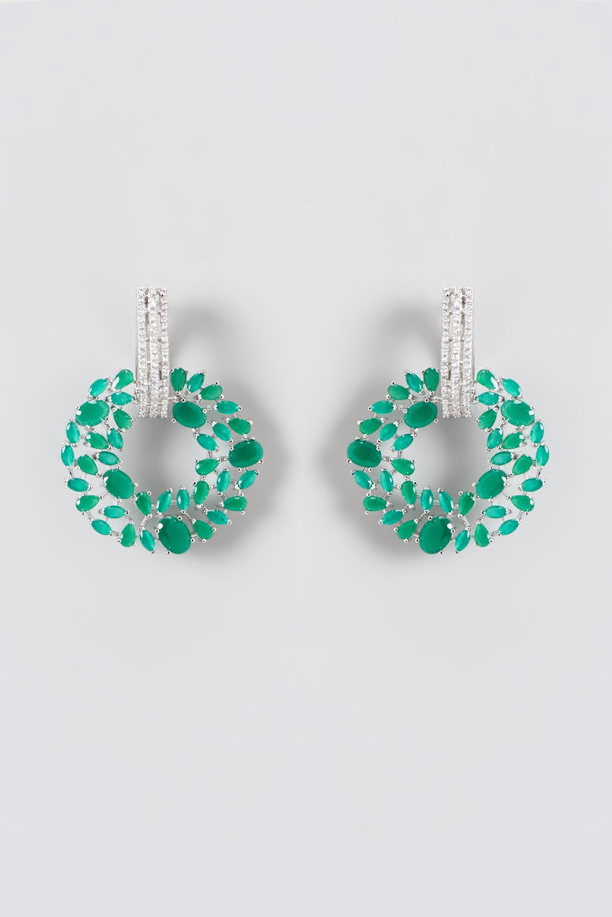 White Finish Green Stone & Zircon Dangler Earrings