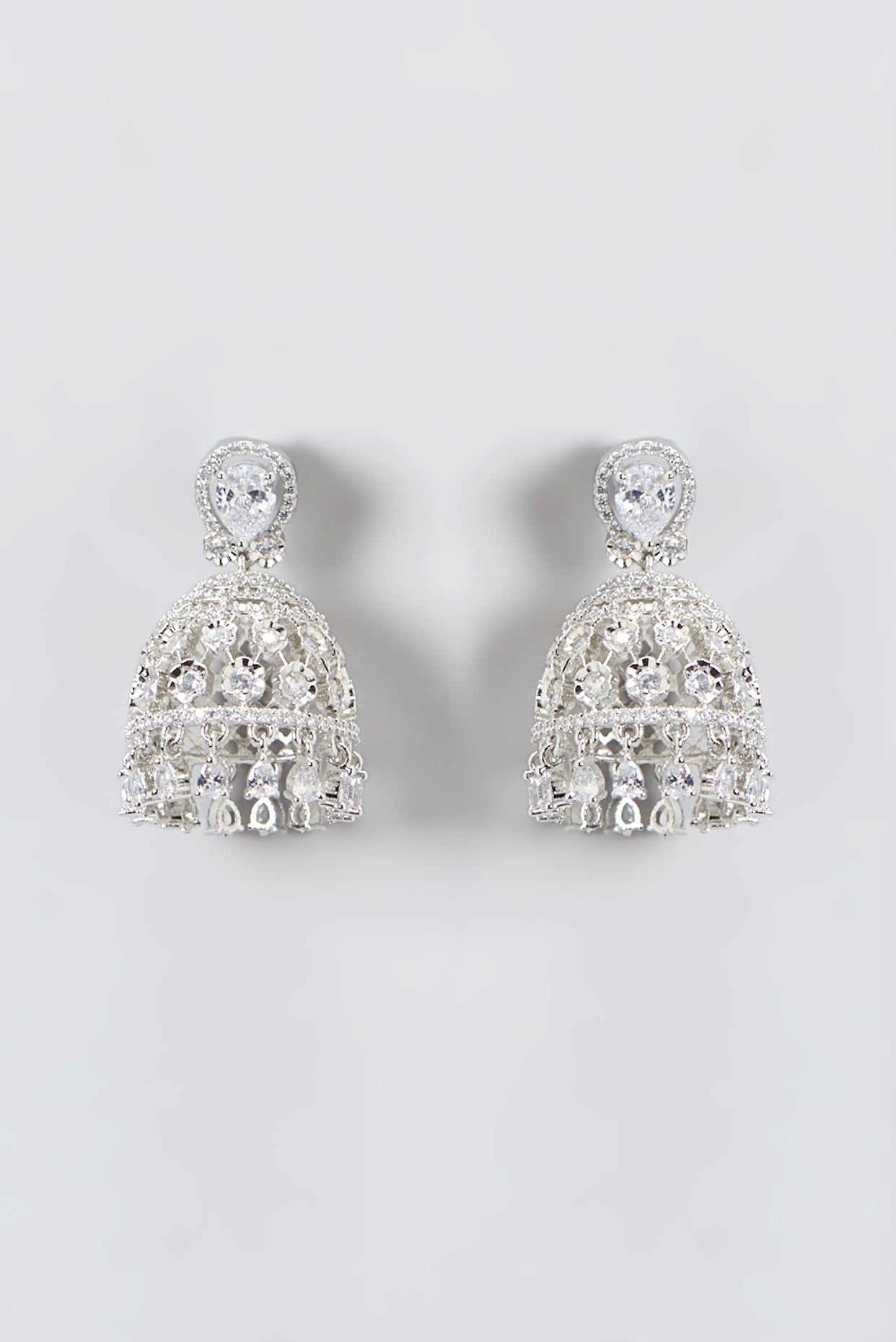 White Finish Zircon Jhumka Earrings