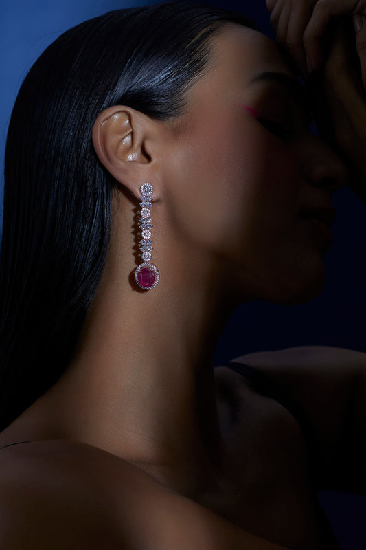 Rose Gold Finish Zircon & Red Stone Dangler Earrings