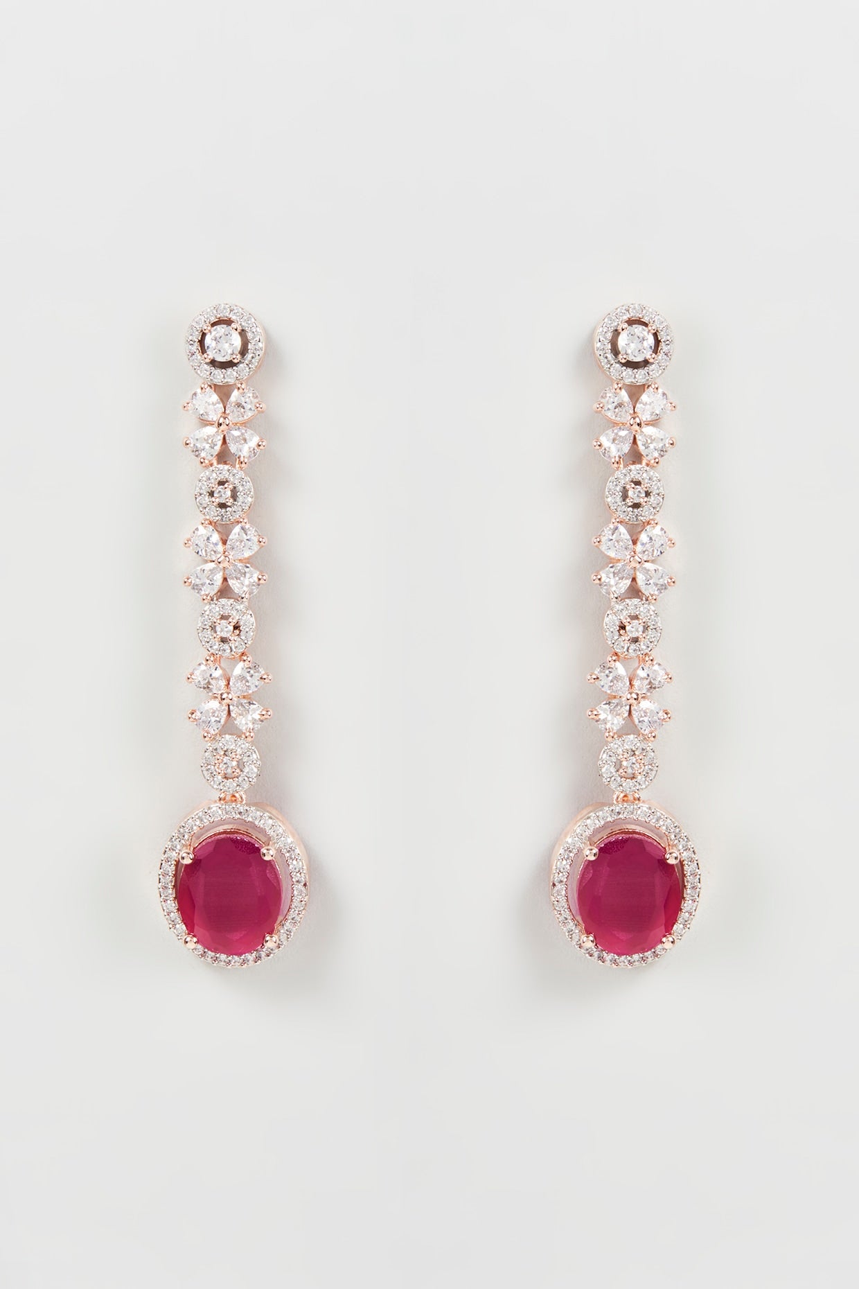 Rose Gold Finish Zircon & Red Stone Dangler Earrings