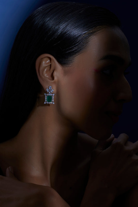 White Finish Zircon & Green Synthetic Stone Dangler Earrings