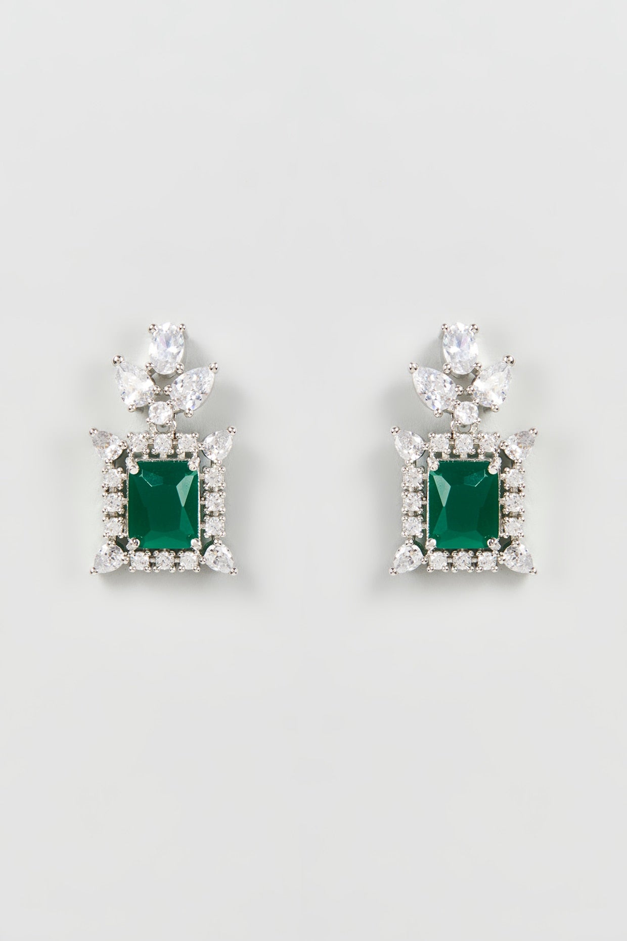 White Finish Zircon & Green Synthetic Stone Dangler Earrings