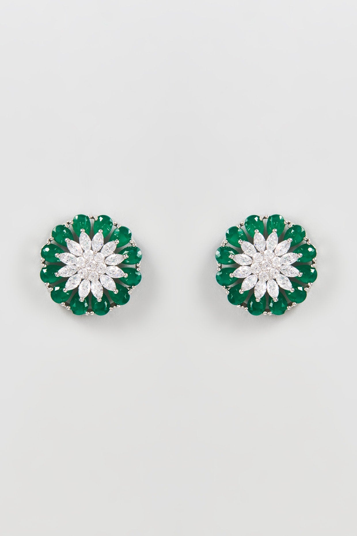 White Finish Zircon & Green Synthetic Stone Stud Earrings