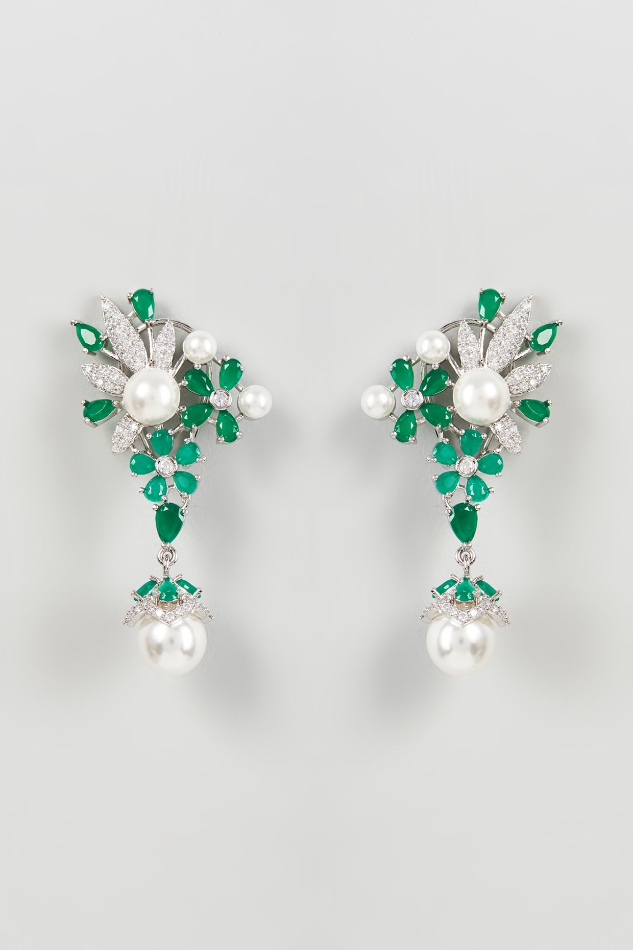 White Finish Zircon & Green Stone Dangler Earrings