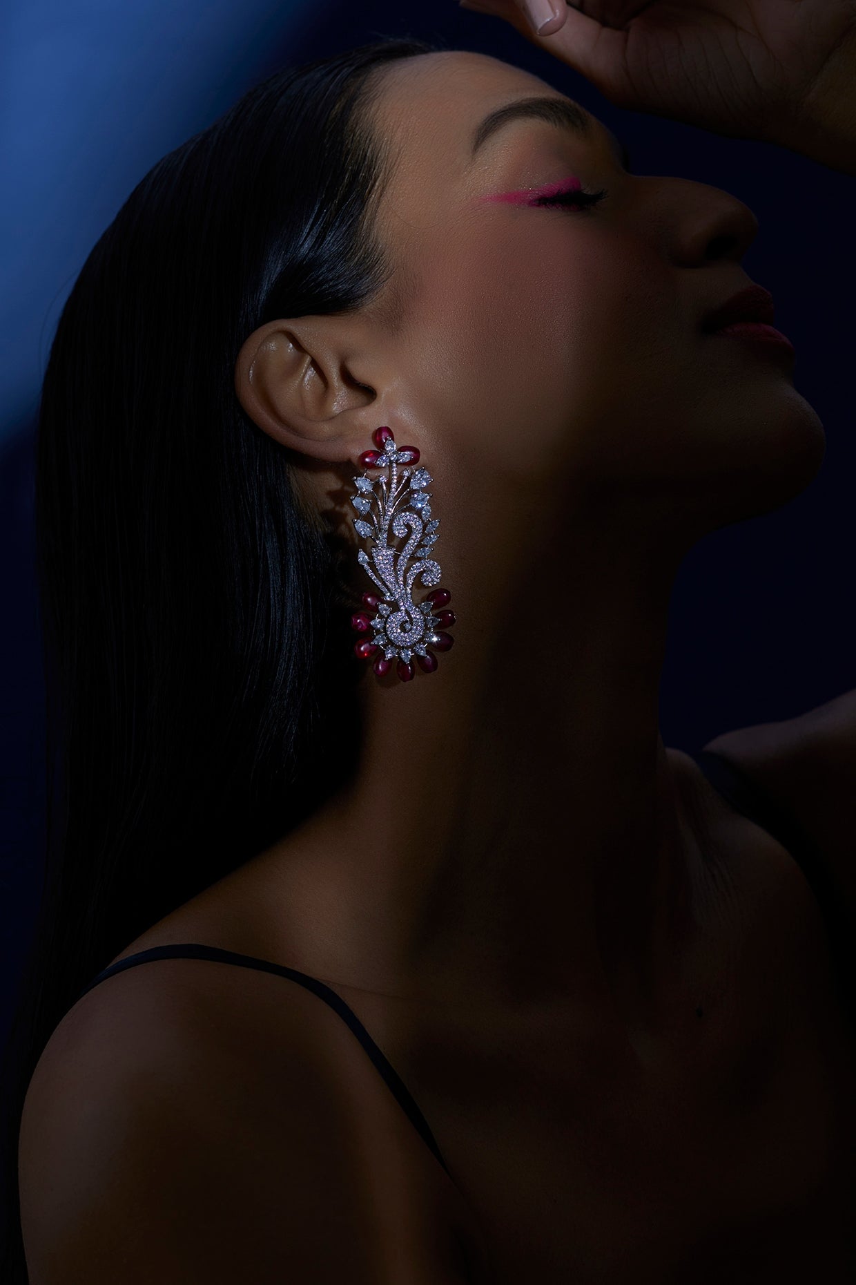 White Finish Zircon & Red Synthetic Stone Dangler Earrings