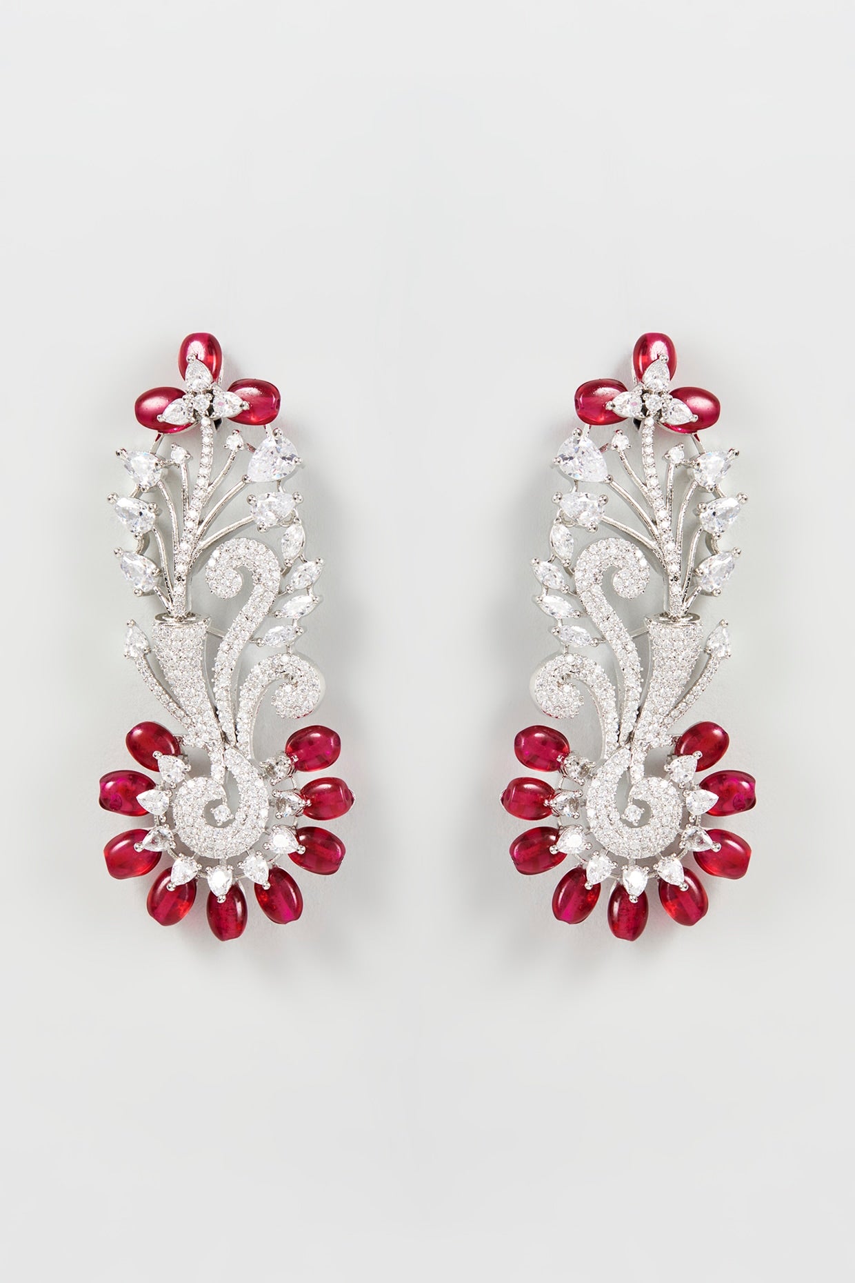 White Finish Zircon & Red Synthetic Stone Dangler Earrings