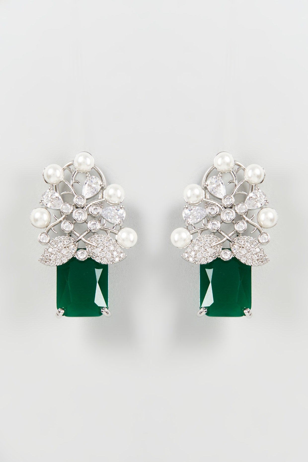 White Finish Zircon & Green Synthetic Stone Stud Earrings