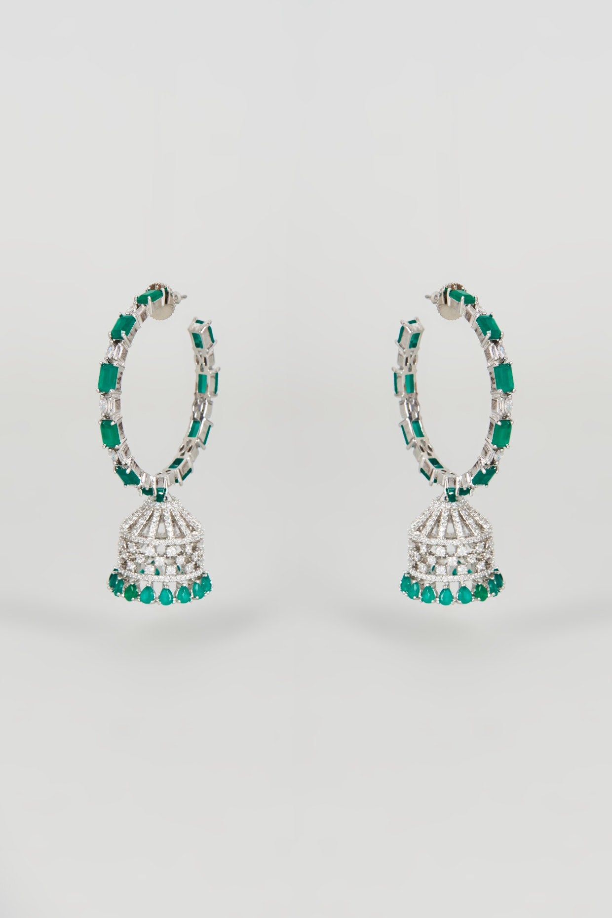 White Finish Zircon & Green Synthetic Stone Hoop Earrings