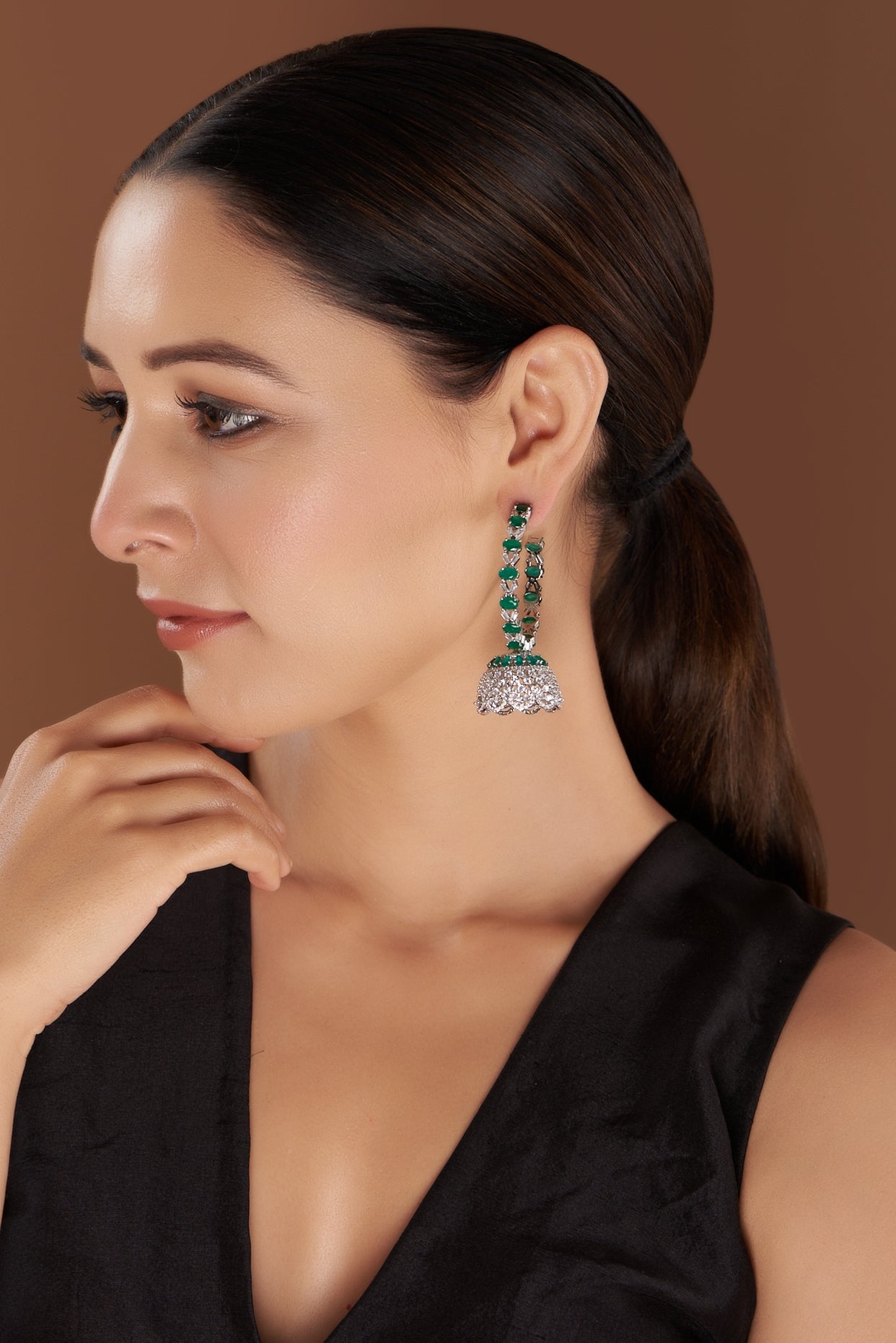 White Finish Faux Diamond & Green Synthetic Stones Hoop Earrings