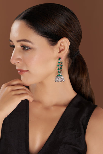 White Finish Faux Diamond & Green Synthetic Stones Hoop Earrings