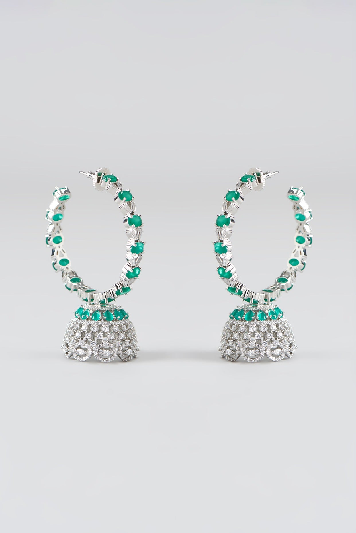 White Finish Faux Diamond & Green Synthetic Stones Hoop Earrings