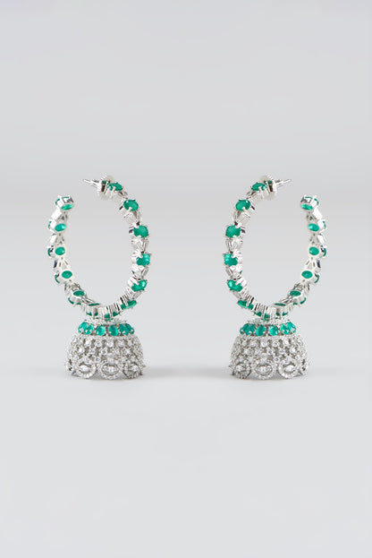 White Finish Faux Diamond & Green Synthetic Stones Hoop Earrings