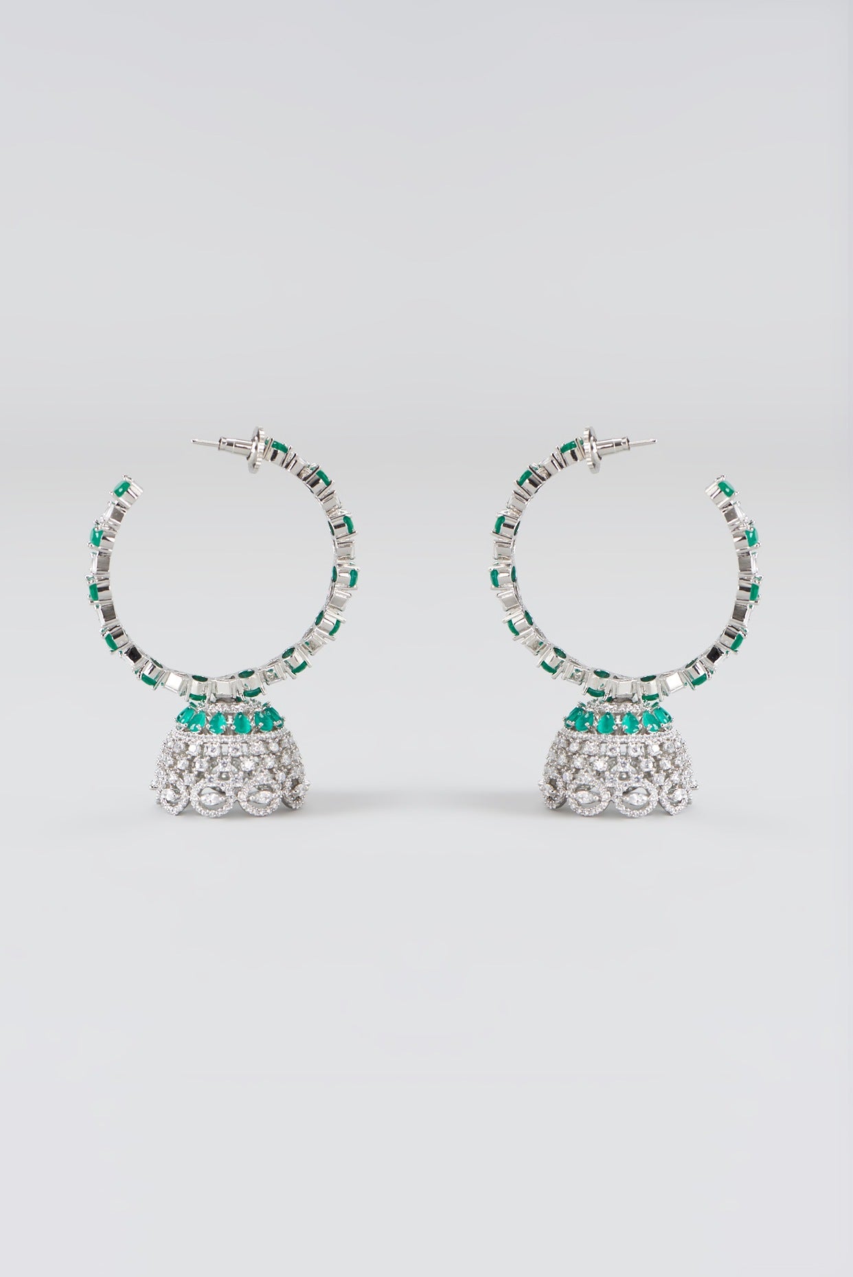 White Finish Faux Diamond & Green Synthetic Stones Hoop Earrings