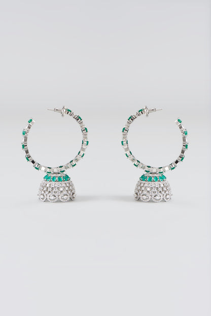 White Finish Faux Diamond & Green Synthetic Stones Hoop Earrings