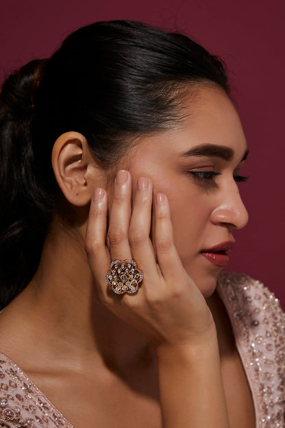 Rose Gold Finish Zircon & Kundan Polki Ring