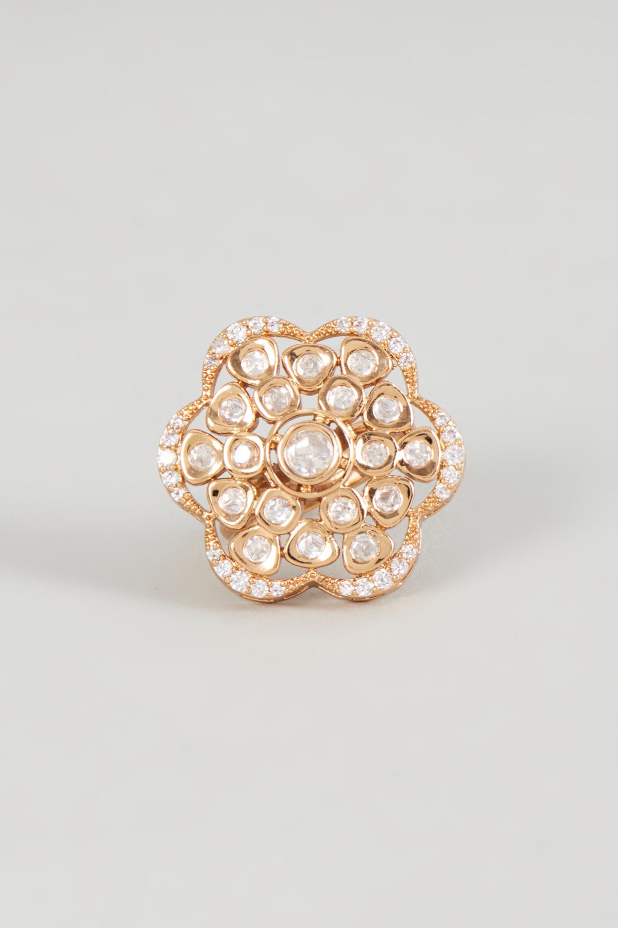 Rose Gold Finish Zircon & Kundan Polki Ring