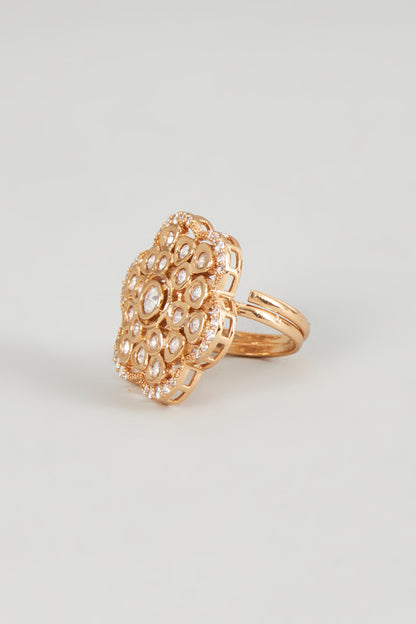 Rose Gold Finish Zircon & Kundan Polki Ring