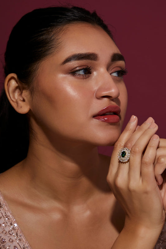 Rose Gold Finish Zircon & Green Stone Ring