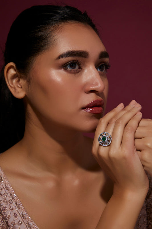 White Finish Zircon & Green Stone Ring