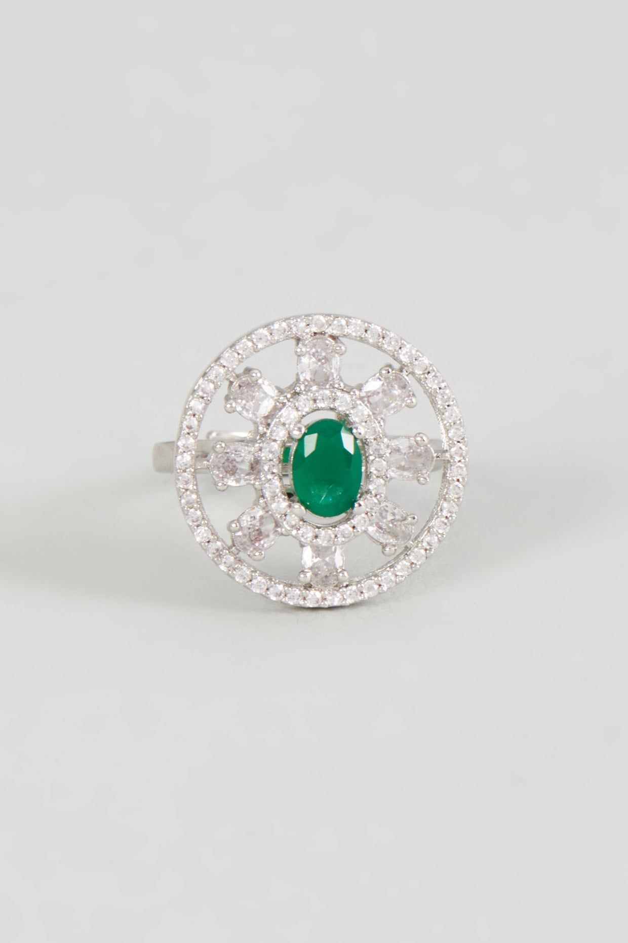 White Finish Zircon & Green Stone Ring