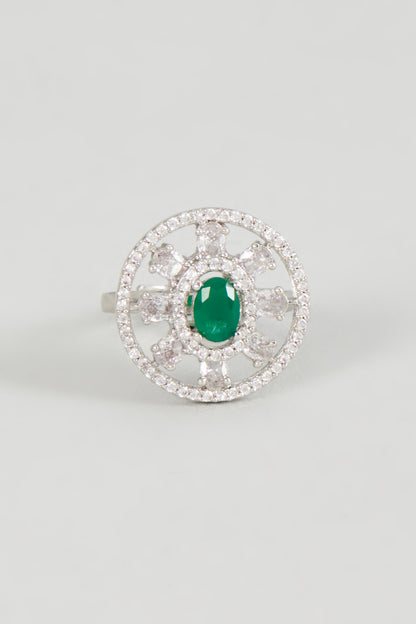 White Finish Zircon & Green Stone Ring